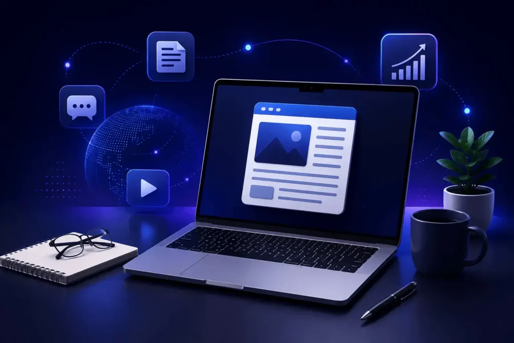 Blog resources illustration with laptop displaying digital content and technology insights
